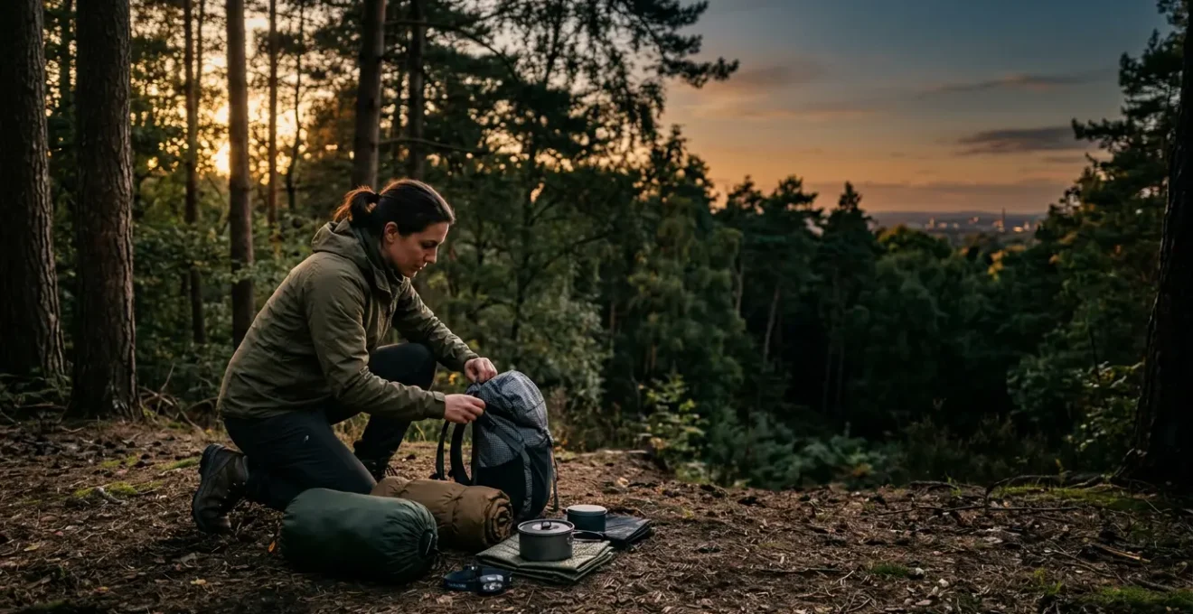 Aventurier préparant son matériel de bivouac minimaliste au crépuscule dans une clairière forestière proche d'une zone urbaine
