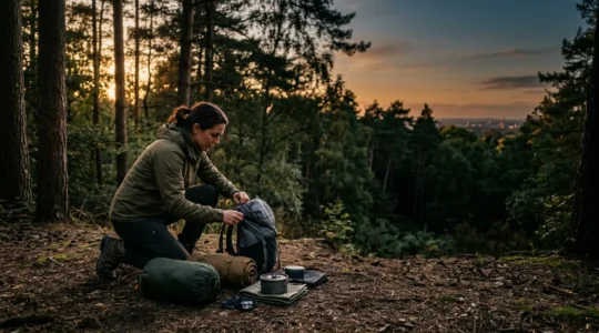 Aventurier préparant son matériel de bivouac minimaliste au crépuscule dans une clairière forestière proche d'une zone urbaine