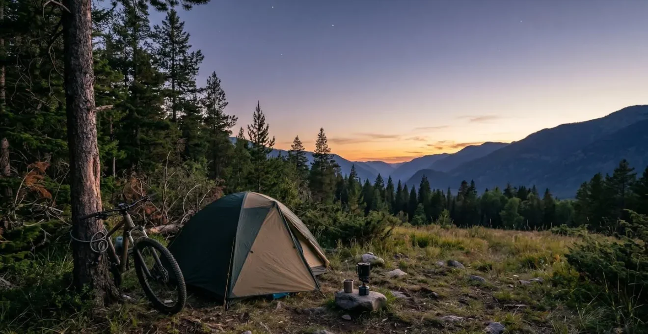Tente légère installée en lisière de forêt au crépuscule avec vélo sécurisé