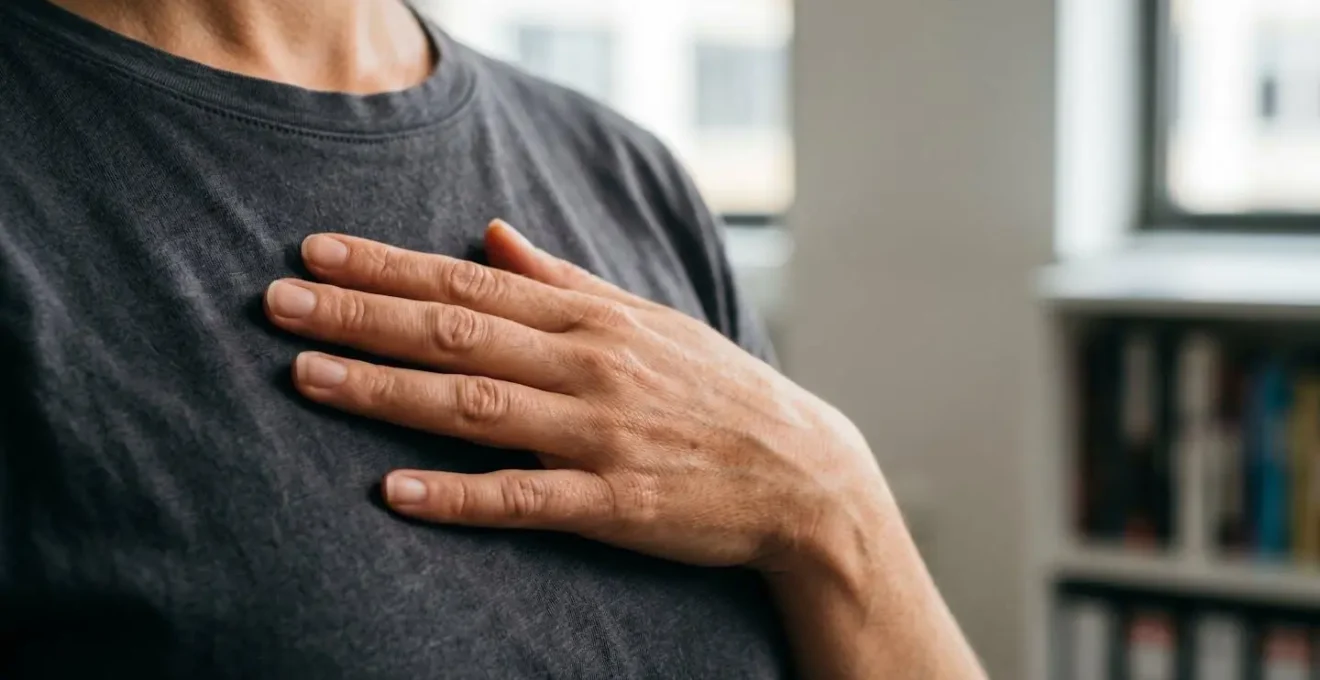Main posee sur le coeur pendant un exercice de respiration en coherence cardiaque au bureau