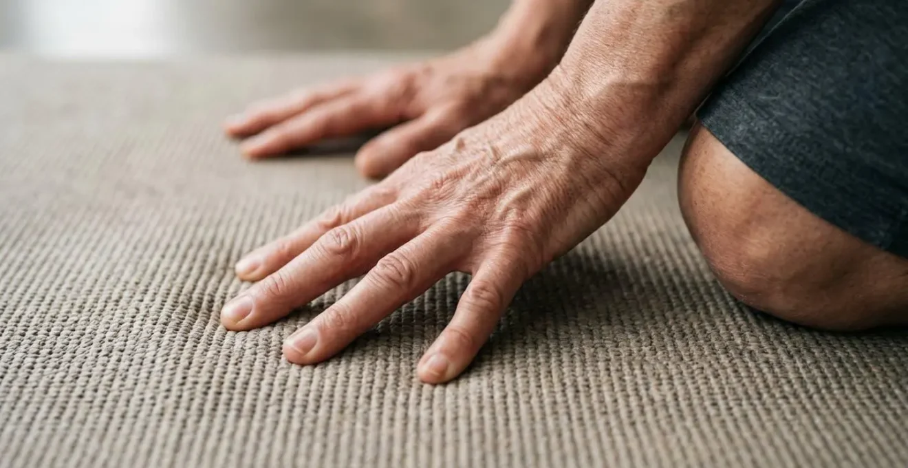 Gros plan sur les mains et genoux d'une personne mature en appui sur un tapis de yoga montrant la texture et l'epaisseur