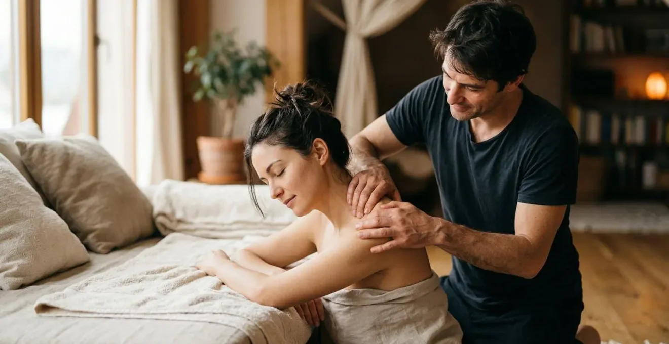 Couple pratiquant un massage relaxant dans une ambiance apaisante