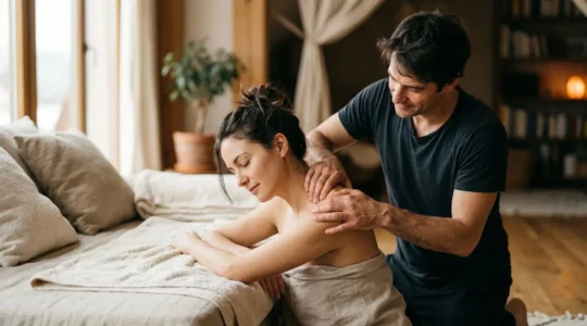 Couple pratiquant un massage relaxant dans une ambiance apaisante