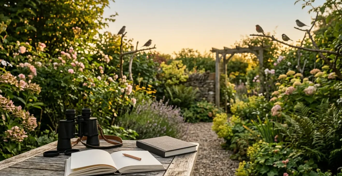 Scène d'observation ornithologique dans un jardin avec jumelles et carnet, environnement naturel paisible