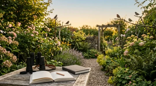 Scène d'observation ornithologique dans un jardin avec jumelles et carnet, environnement naturel paisible