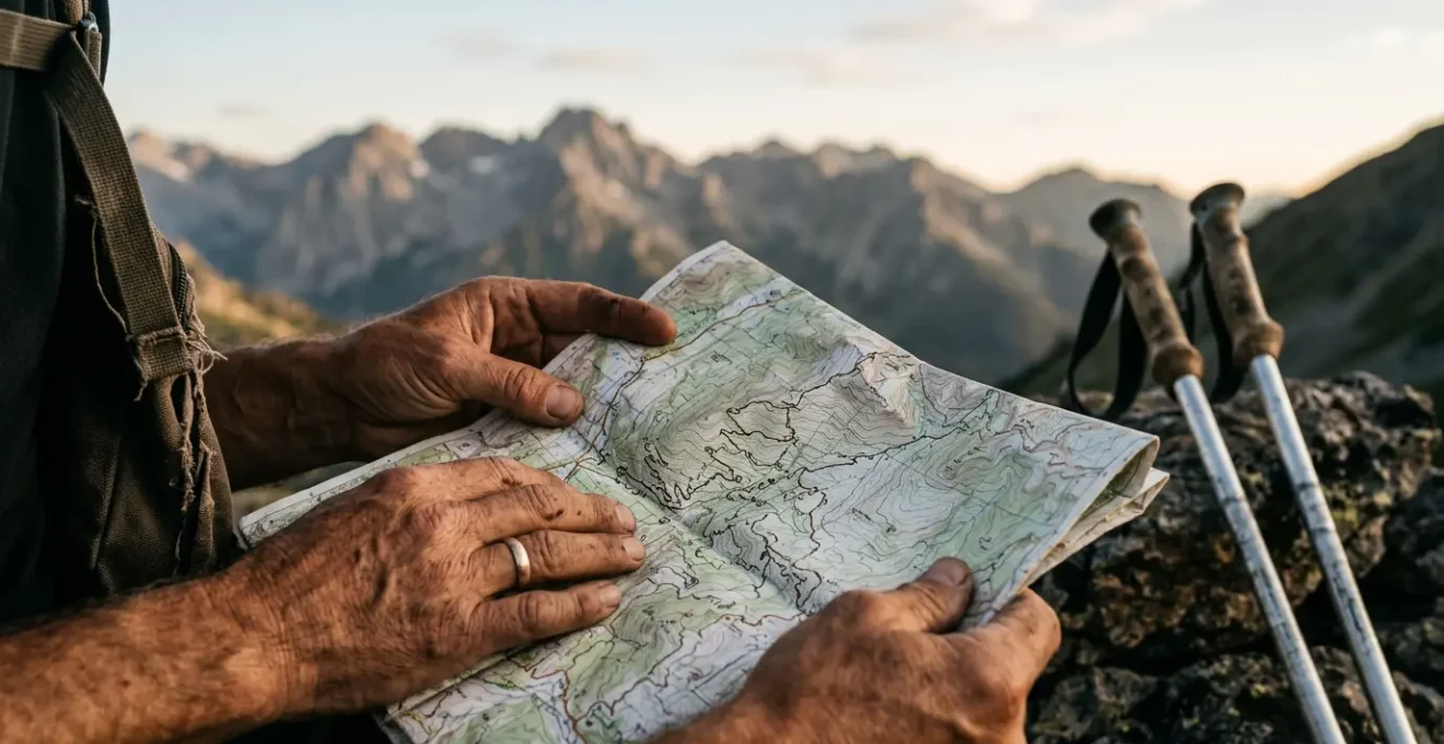 Randonneur consultant une carte topographique avec courbes de niveau marquées, dans un environnement montagneux naturel