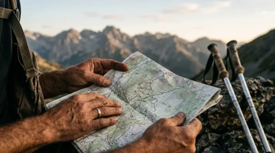 Randonneur consultant une carte topographique avec courbes de niveau marquées, dans un environnement montagneux naturel