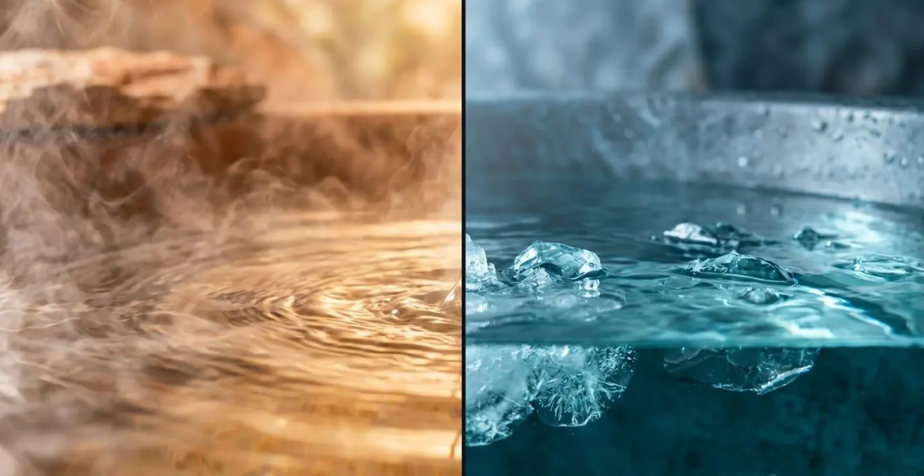 Composition artistique montrant le contraste visuel entre eau chaude vaporeuse et eau fraîche cristalline en balnéothérapie
