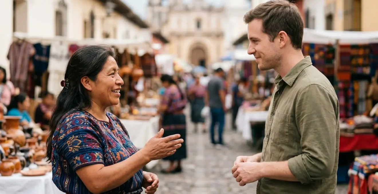 Moment d'échange authentique et respectueux entre un voyageur et un habitant local lors d'une rencontre culturelle