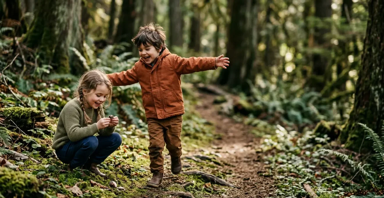 Enfants jouant et explorant en forêt lors d'une randonnée familiale