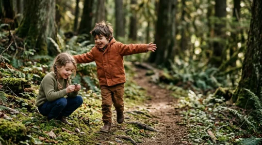 Enfants jouant et explorant en forêt lors d'une randonnée familiale