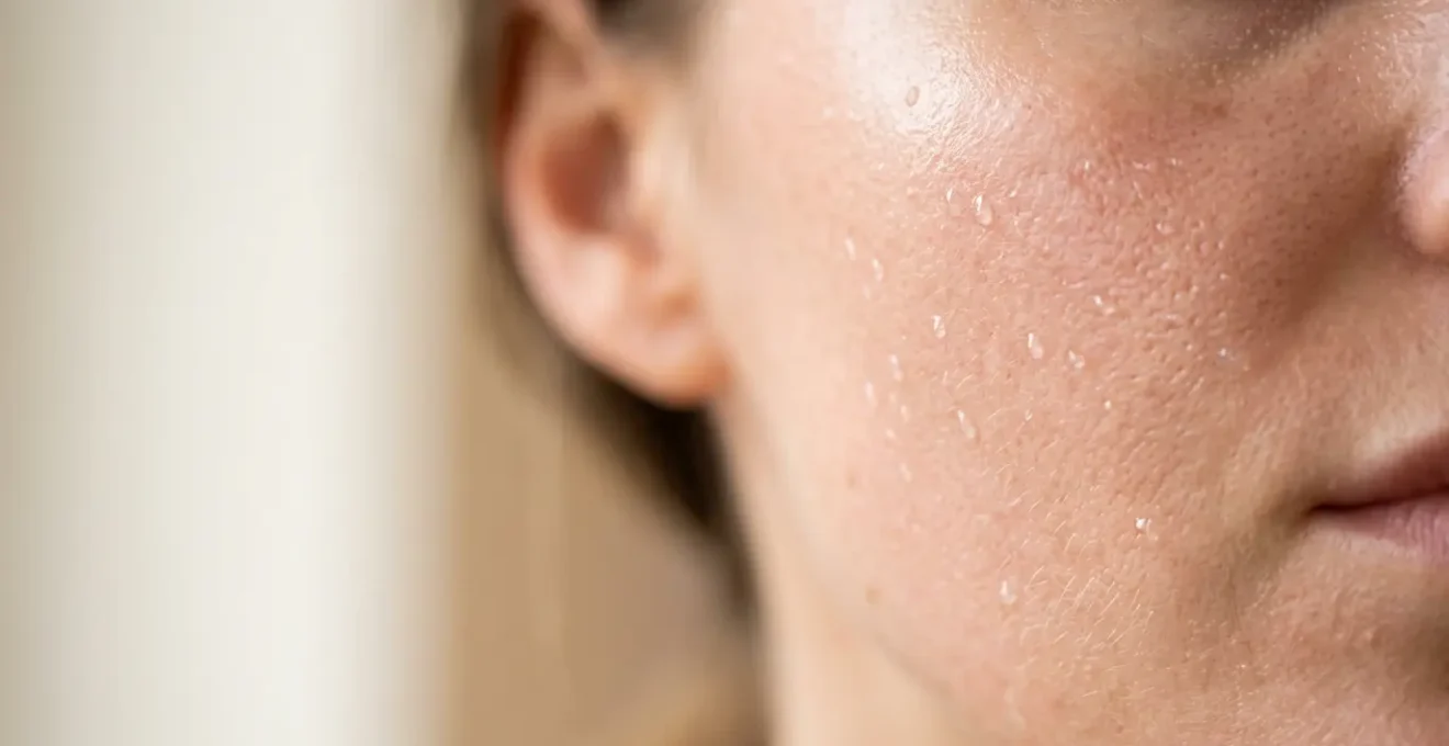 Gros plan sur une peau de visage lisse et éclatante avec des gouttes de sérum, illustrant les bienfaits de l'exfoliation douce