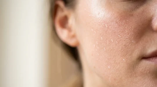 Gros plan sur une peau de visage lisse et éclatante avec des gouttes de sérum, illustrant les bienfaits de l'exfoliation douce