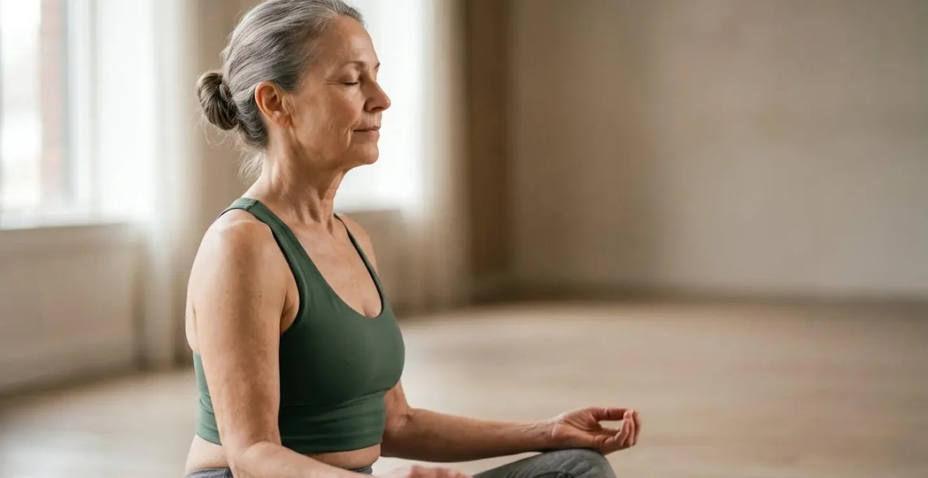 Visage concentré et serein d'une femme mature pendant une posture de yoga montrant une respiration paisible