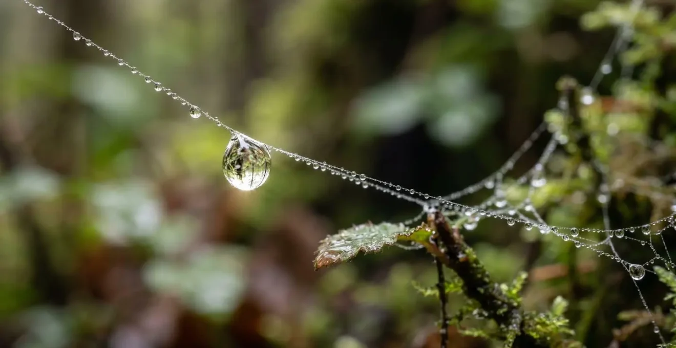 Détails macro de gouttes de pluie sur des éléments naturels en forêt