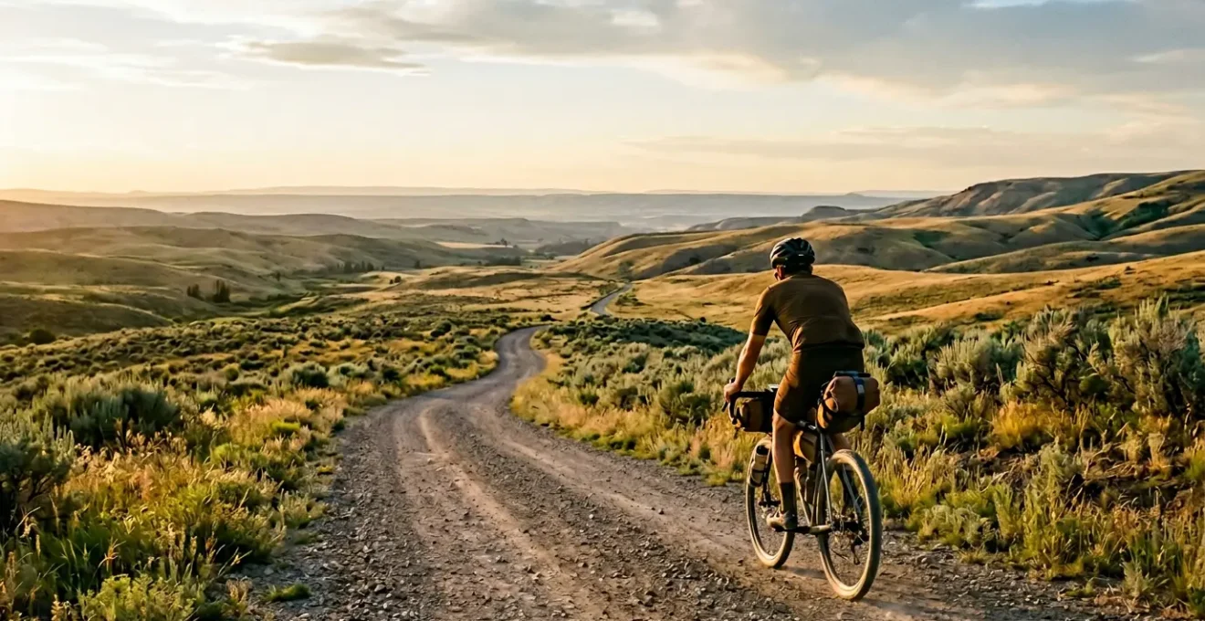 Cycliste équipé de sacoches sur un chemin de gravier au lever du soleil