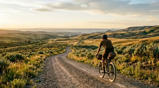 Cycliste équipé de sacoches sur un chemin de gravier au lever du soleil