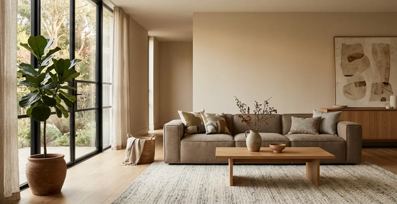 Salon contemporain baigné de lumière naturelle avec palette de couleurs harmonieuses favorisant le bien-être