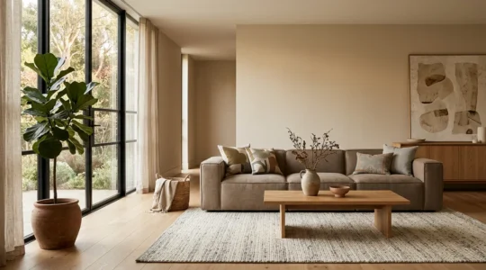 Salon contemporain baigné de lumière naturelle avec palette de couleurs harmonieuses favorisant le bien-être