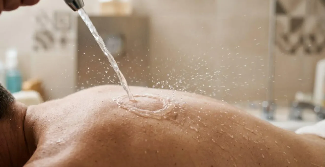 Vue détaillée d'un jet d'hydromassage orienté sur une zone musculaire du dos pour un traitement thérapeutique adapté