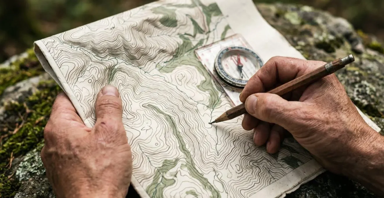 Vue en plongée sur des mains tenant une carte topographique détaillée avec boussole et crayon dans un environnement naturel