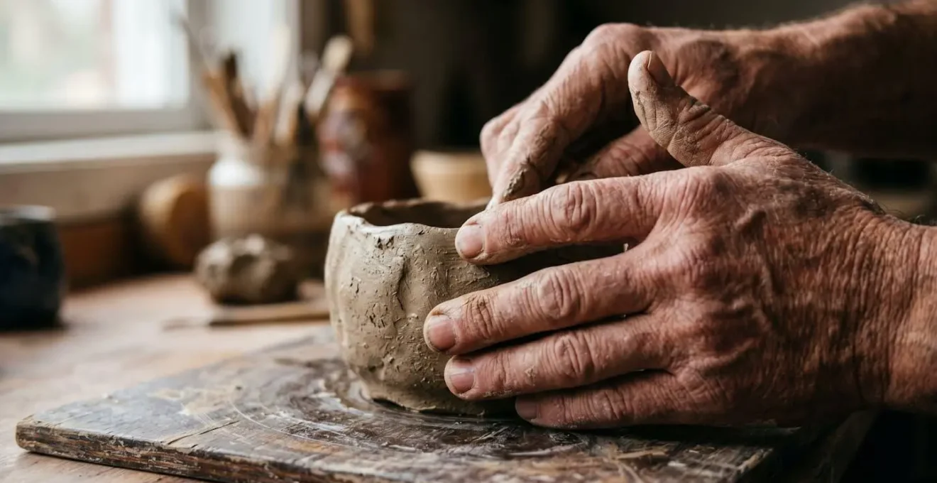 Gros plan sur les mains d'un artisan travaillant une matière traditionnelle avec des outils manuels