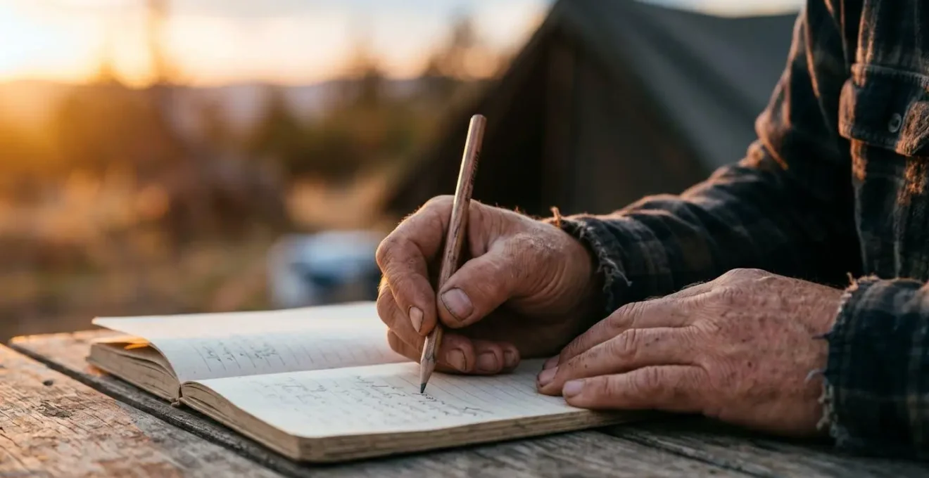 Mains d'un randonneur écrivant dans un carnet au bivouac à la lumière du crépuscule, symbolisant l'introspection et l'intégration des apprentissages