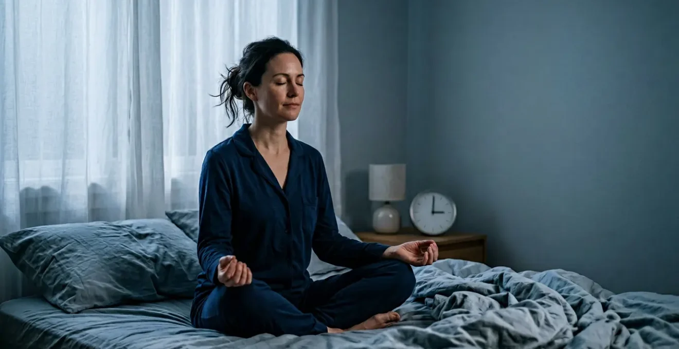 Personne méditant paisiblement dans une chambre à coucher tamisée au milieu de la nuit