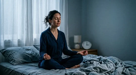 Personne méditant paisiblement dans une chambre à coucher tamisée au milieu de la nuit