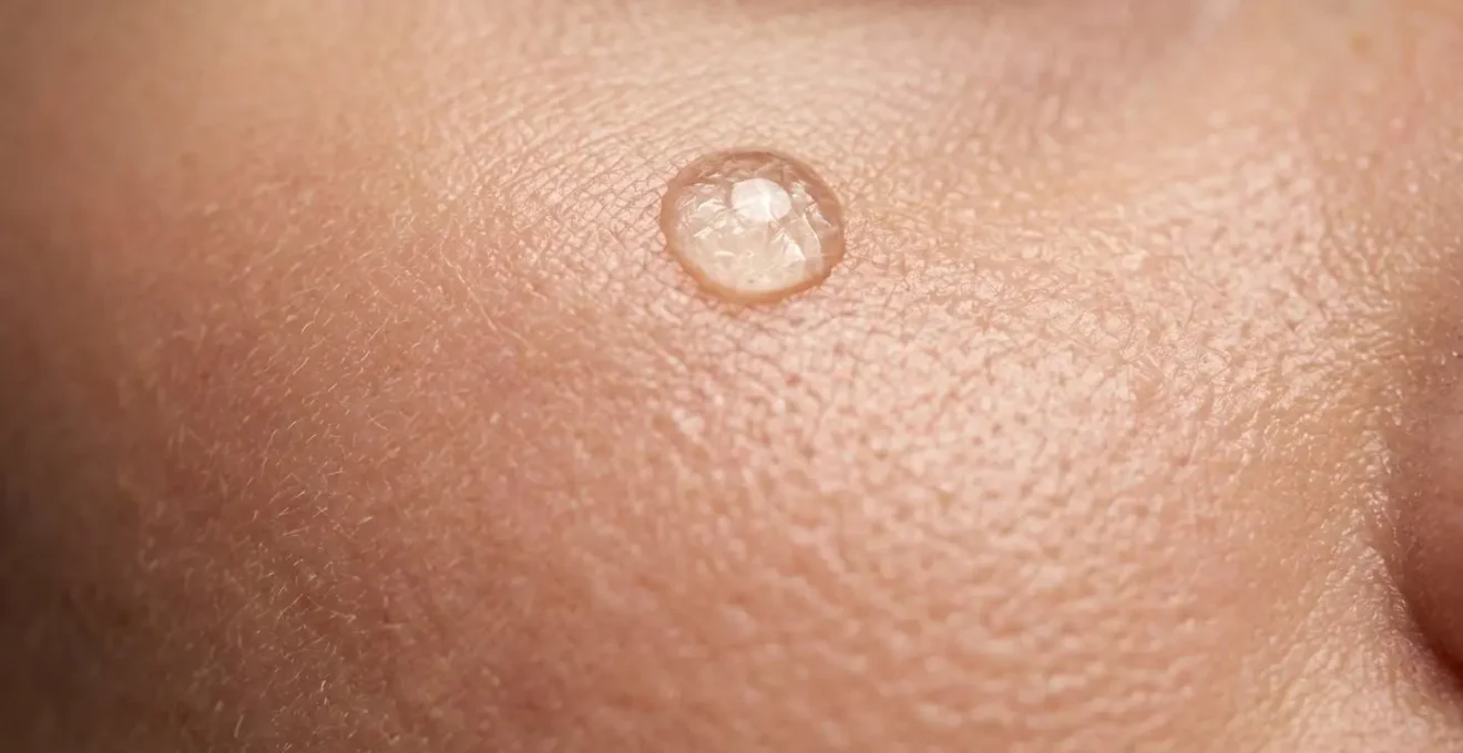 Vue macro sur la texture de peau avec une goutte de sérum translucide, illustrant l'équilibre du microbiome cutané et la barrière protectrice