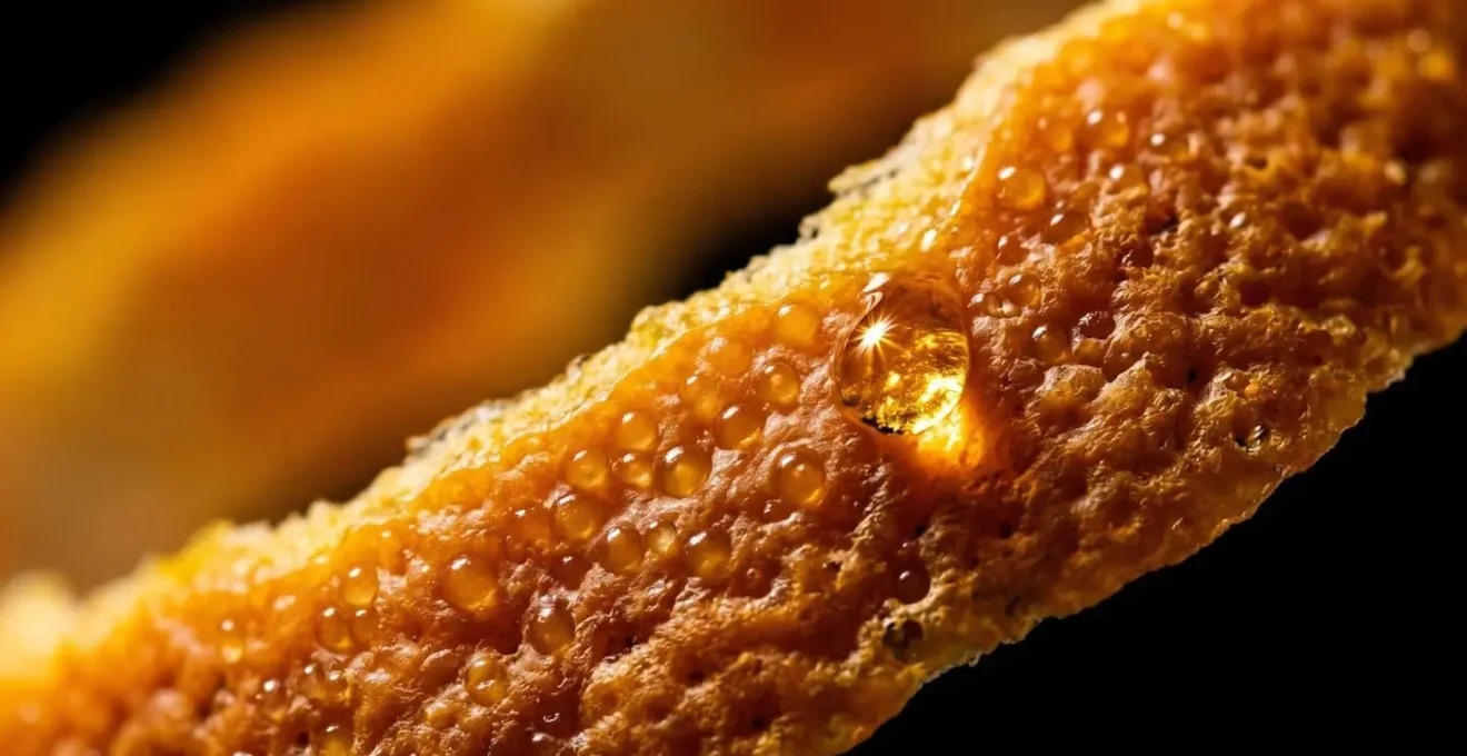 Gros plan macro sur zeste d'agrume révélant texture et huile essentielle, lumière dramatique