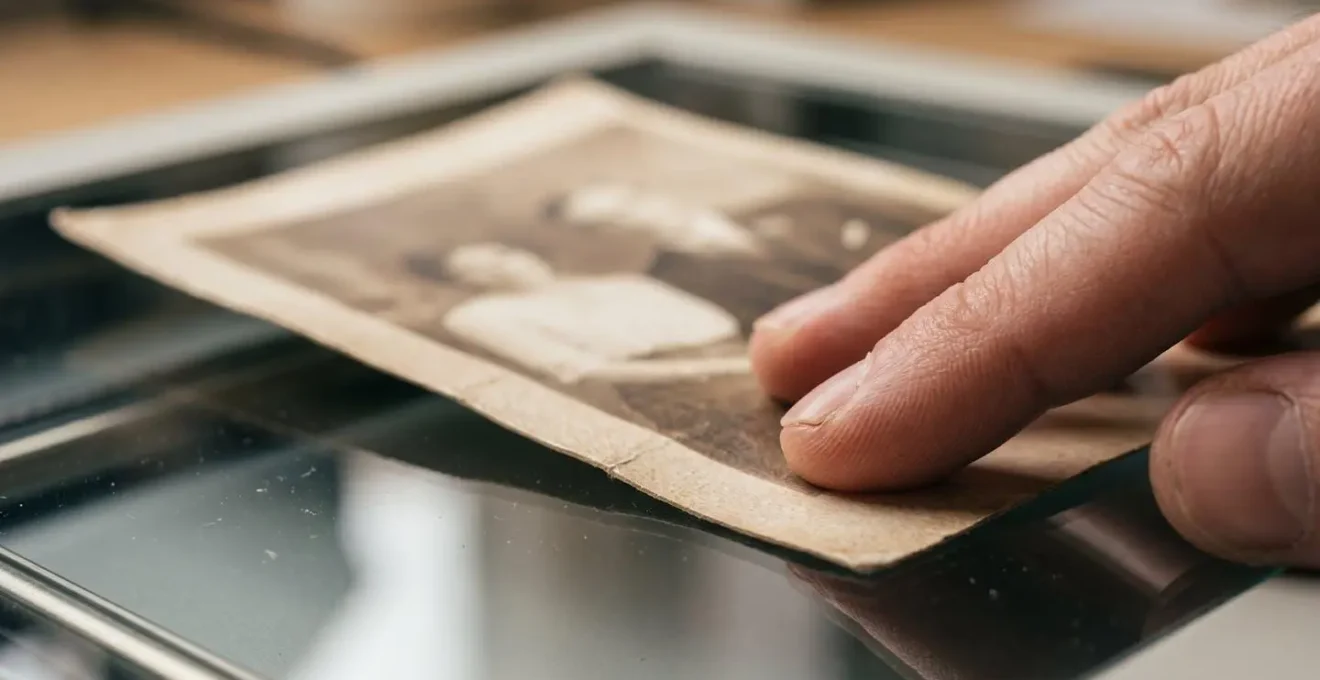 Gros plan sur une main délicate plaçant une photographie ancienne sépia sur la vitre d'un scanner professionnel