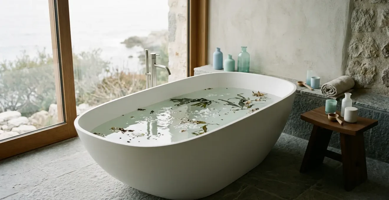 Vue sereine d'une baignoire moderne avec sels marins et algues, lumière naturelle, ambiance spa marine à domicile