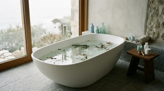 Vue sereine d'une baignoire moderne avec sels marins et algues, lumière naturelle, ambiance spa marine à domicile