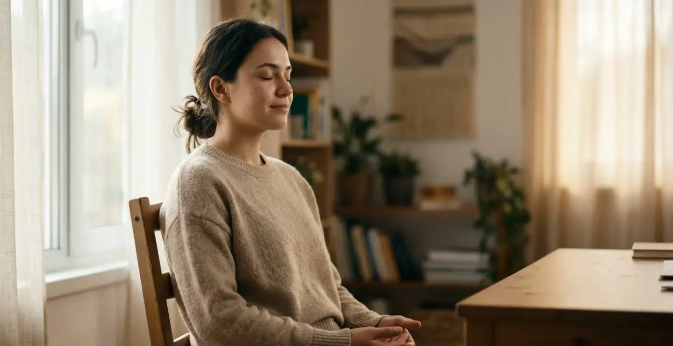 Étudiant serein visualisant sa réussite, assis dans un espace de préparation apaisant