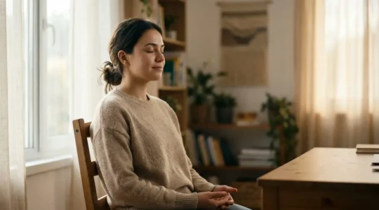 Étudiant serein visualisant sa réussite, assis dans un espace de préparation apaisant