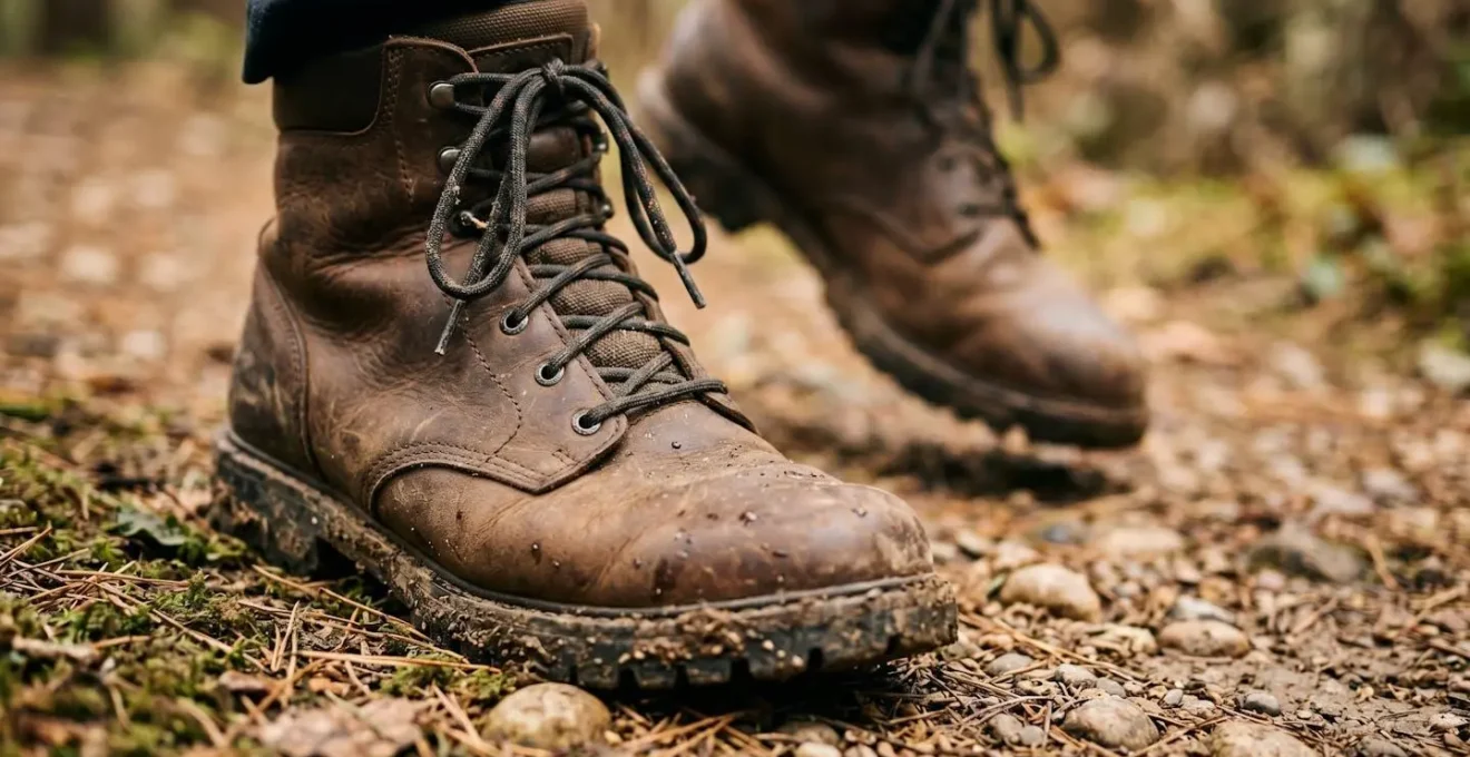 Gros plan sur les pieds d'un randonneur sur un sentier de terre, capturant le mouvement rythmique de la marche synchronisée avec la respiration