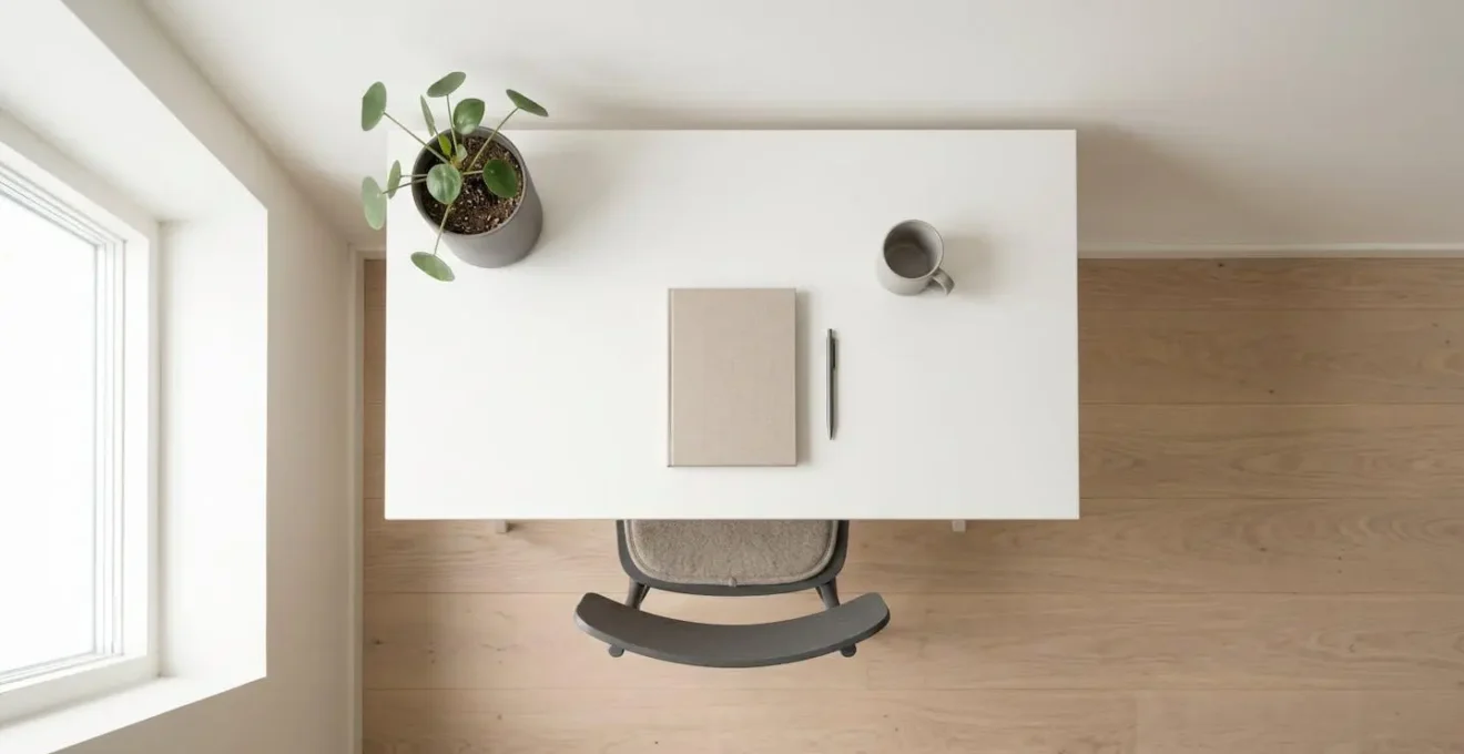 Vue aérienne minimaliste d'un espace de travail organisé suggérant une préparation structurée et sereine