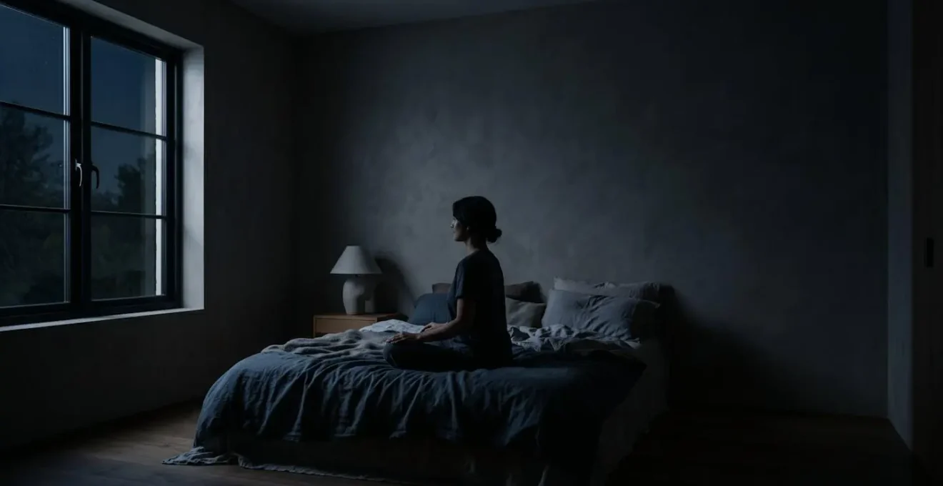 Personne assise au bord du lit dans une posture de méditation nocturne avec environnement minimaliste