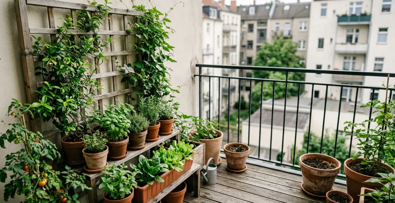 Vue d'ensemble d'un balcon urbain transformé en potager productif avec bacs verticaux et cultures variées