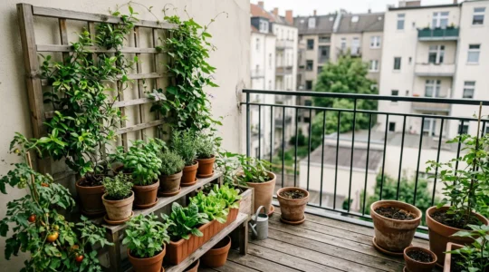 Vue d'ensemble d'un balcon urbain transformé en potager productif avec bacs verticaux et cultures variées