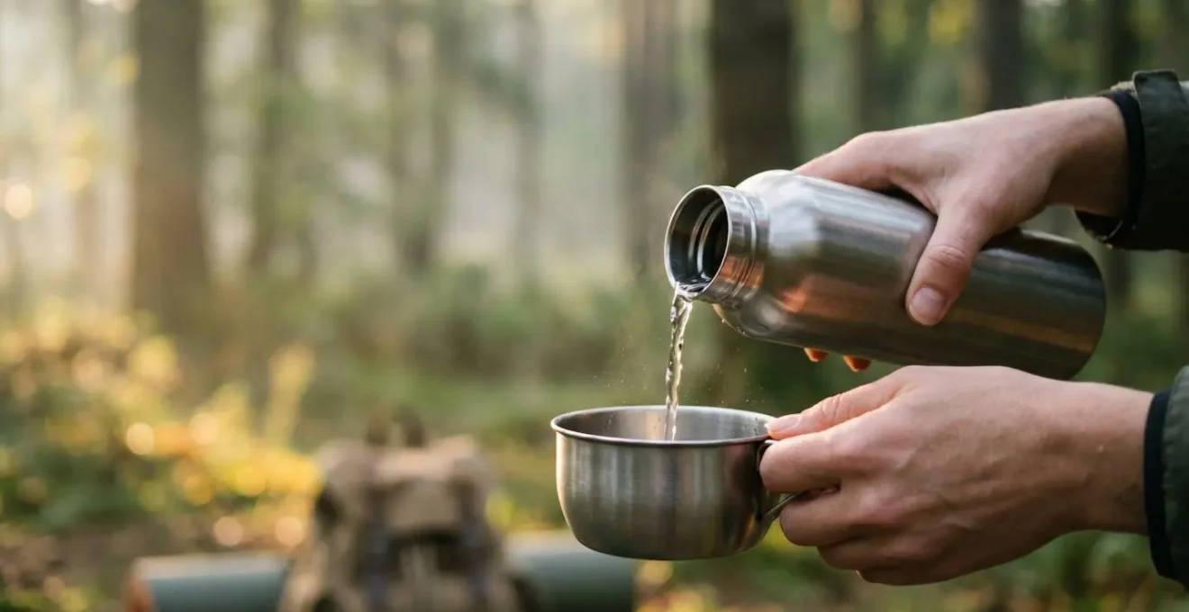 Gros plan sur des mains versant de l'eau d'une gourde dans un bol en métal au lever du soleil en pleine nature