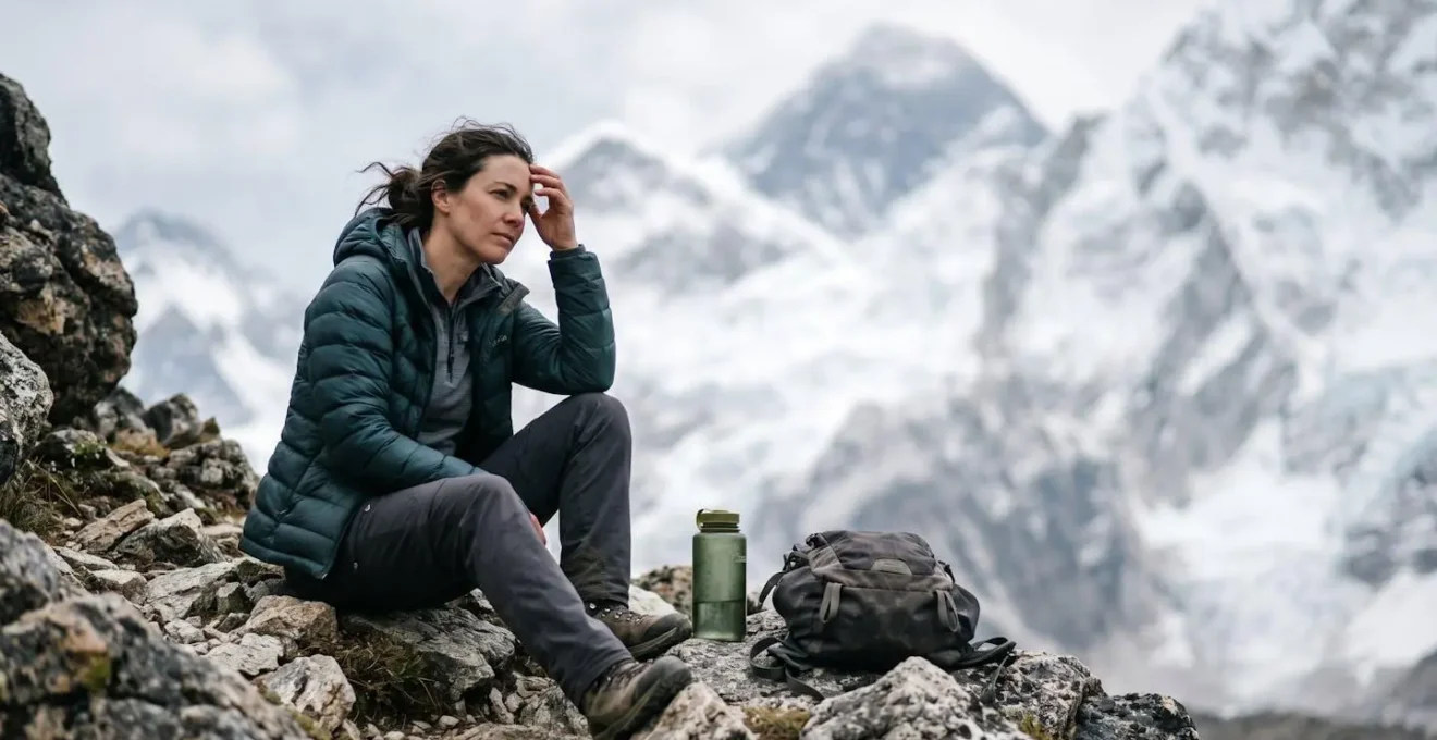 Randonneur en pause à haute altitude évaluant ses symptômes avec vue sur sommets enneigés