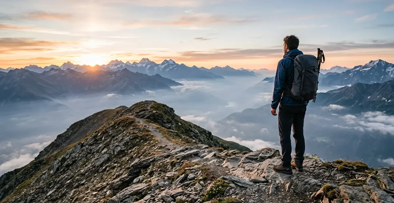 Randonneur en montagne avec sac à dos allégé profitant d'un panorama alpin au lever du soleil