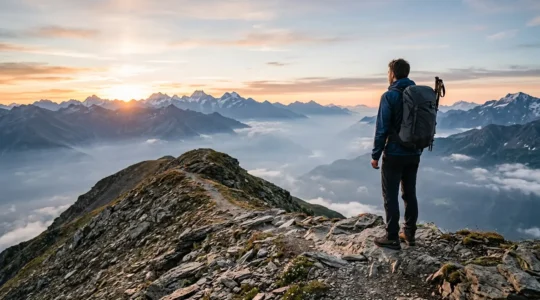 Randonneur en montagne avec sac à dos allégé profitant d'un panorama alpin au lever du soleil