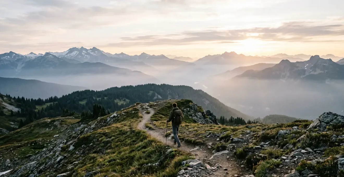 Randonneur solitaire marchant sur un sentier de montagne au lever du soleil, symbolisant la guérison par la marche en pleine nature après un burnout