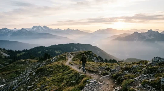 Randonneur solitaire marchant sur un sentier de montagne au lever du soleil, symbolisant la guérison par la marche en pleine nature après un burnout