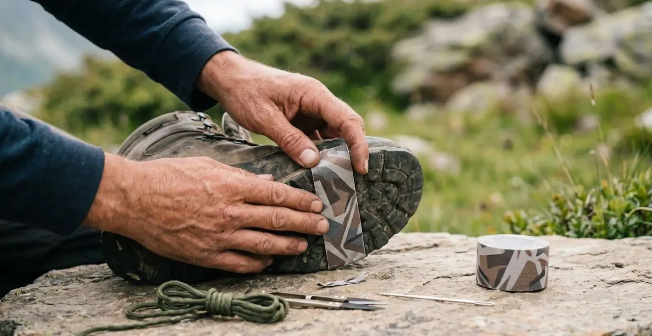 Mains réparant une semelle de chaussure de randonnée avec du ruban adhésif dans un environnement naturel