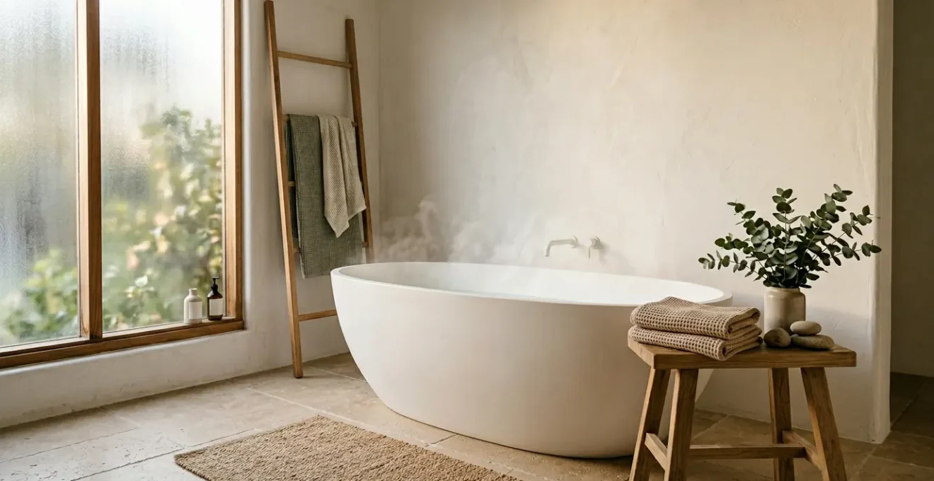 Ambiance sereine d'une salle de bain transformée en espace de bien-être avec lumière naturelle et éléments apaisants