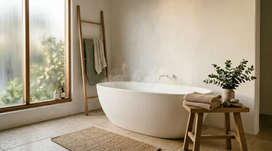 Ambiance sereine d'une salle de bain transformée en espace de bien-être avec lumière naturelle et éléments apaisants